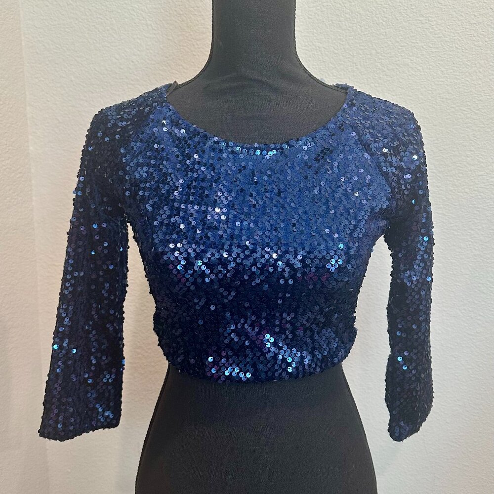 Blue Sequins 3/4 length Sleeve Cropped Top Size Small